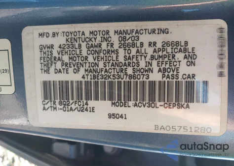 2003 Toyota Camry Se from USA, damaged, VIN 4T1BE32K53U786073